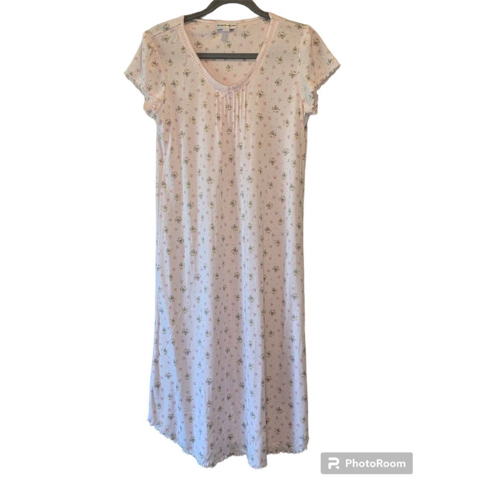 Miss Elaine Women’s M Short Sleeve Pleated Short Nightgown Pink Floral Bouquet